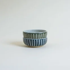 Mogutable Selects Ceramic Japanese Side Dish Bowl In Green Stripe Hot
